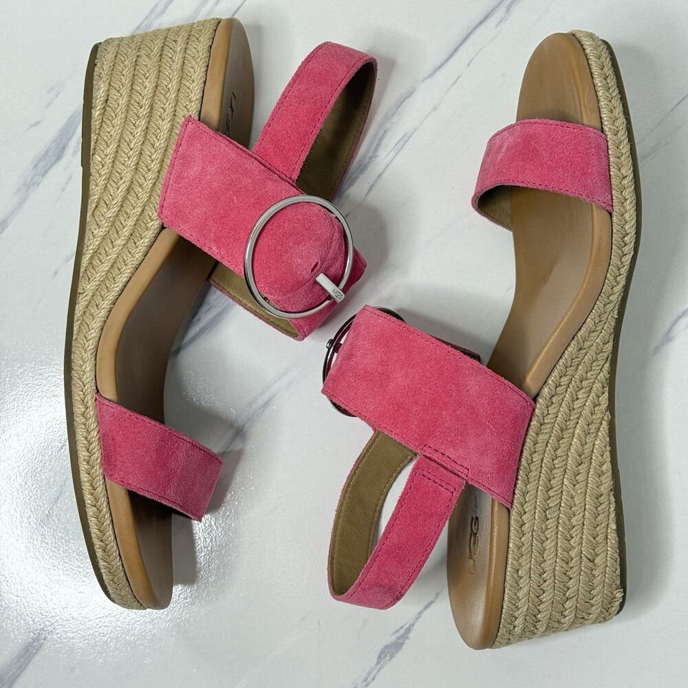 UGG Navee Suede Ankle Strap Wedges Bright Hot Pink Sandals Espadrilles Size 9.5 - Picture 4 of 8